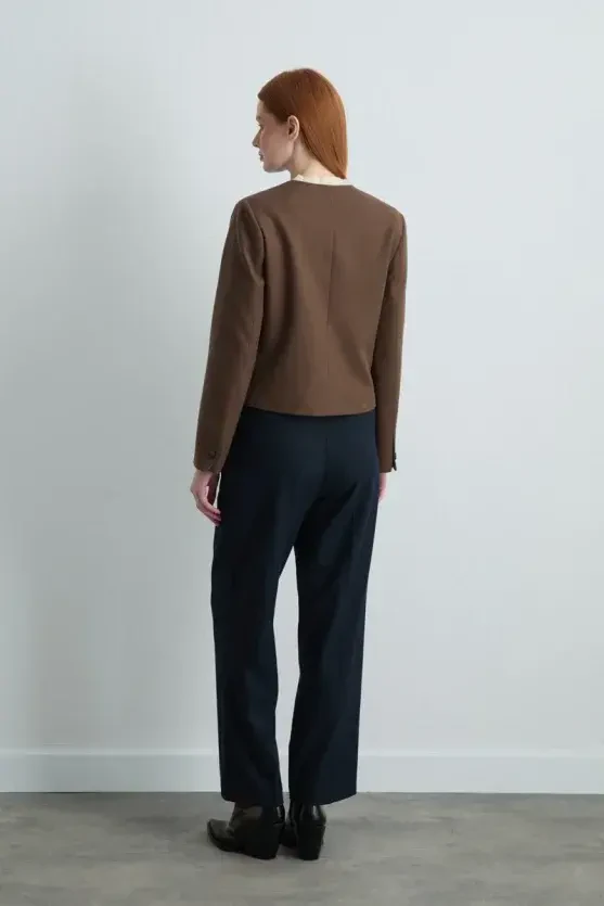 Collarless Wool Jacket - Brown - Gusto