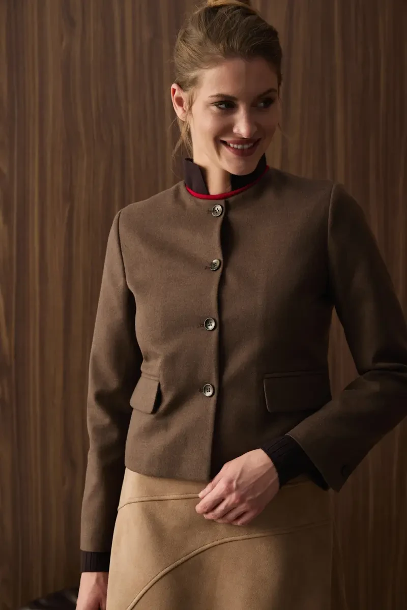 Collarless Wool Jacket - Brown - 1