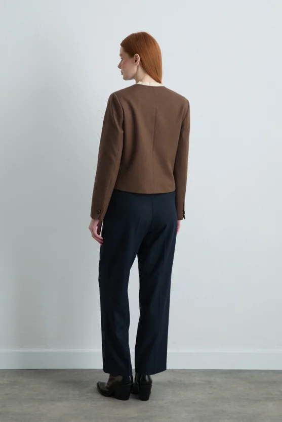 Collarless Wool Jacket - Brown - 6