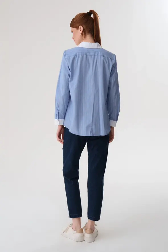 Contrast Collar Cotton Shirt - Blue - 5