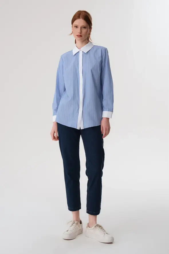 Contrast Collar Cotton Shirt - Blue - 2