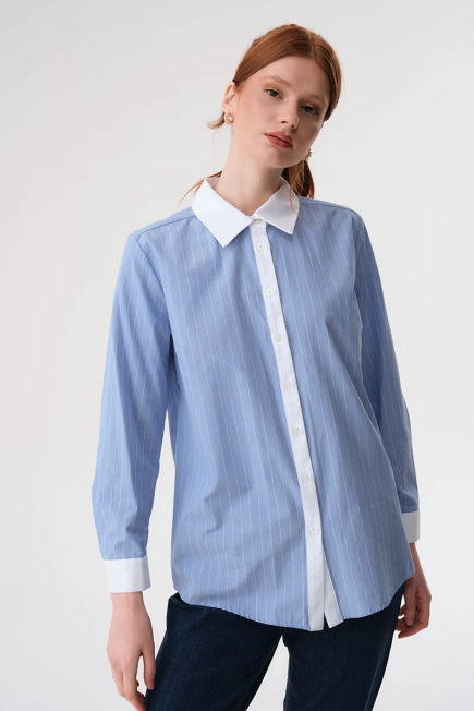 Contrast Collar Cotton Shirt - Blue Blue