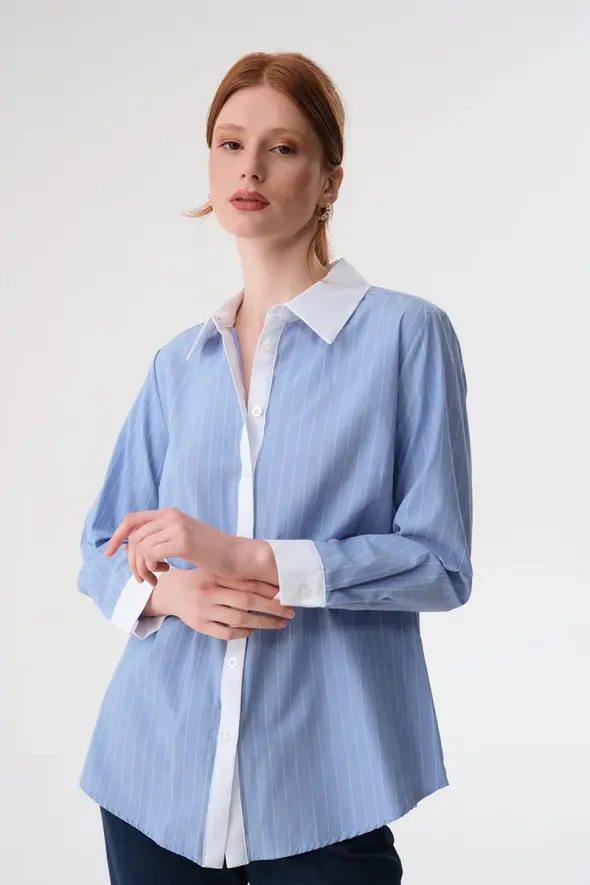 Contrast Collar Cotton Shirt - Blue - 4