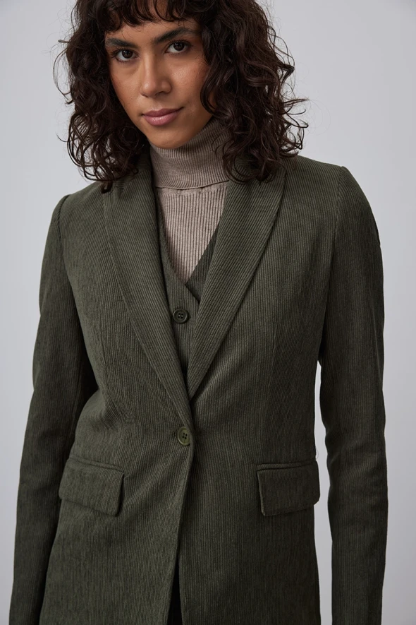 Corded Velvet Blazer Jacket - Khaki - 3