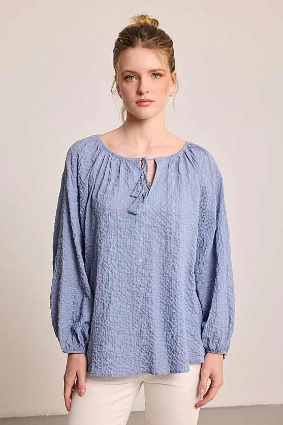Cotton Blouse with Tassel Details - Blue - Gusto