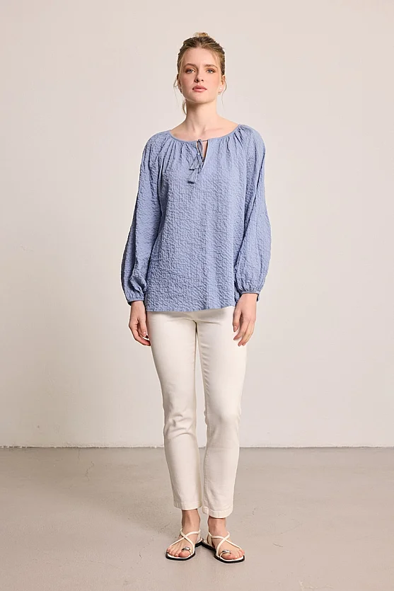 Cotton Blouse with Tassel Details - Blue - Gusto