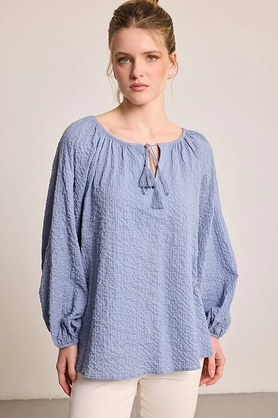 Cotton Blouse with Tassel Details - Blue - 3