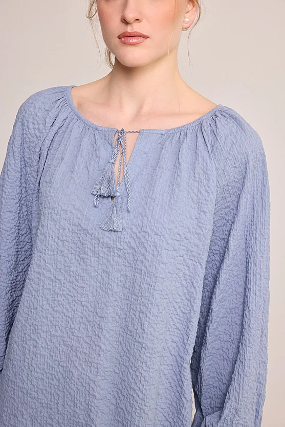 Cotton Blouse with Tassel Details - Blue - 4