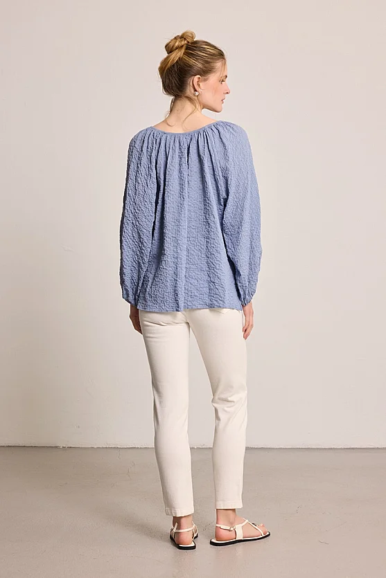 Cotton Blouse with Tassel Details - Blue - Gusto