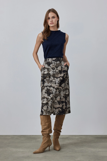 Cotton Canvas Skirt with Front Slits - Mink Mink