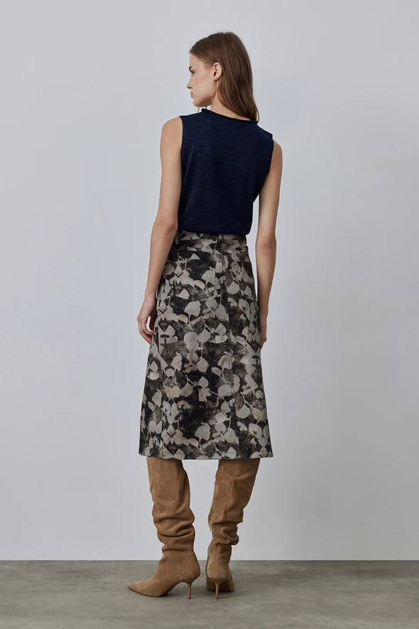 Cotton Canvas Skirt with Front Slits - Mink - 5