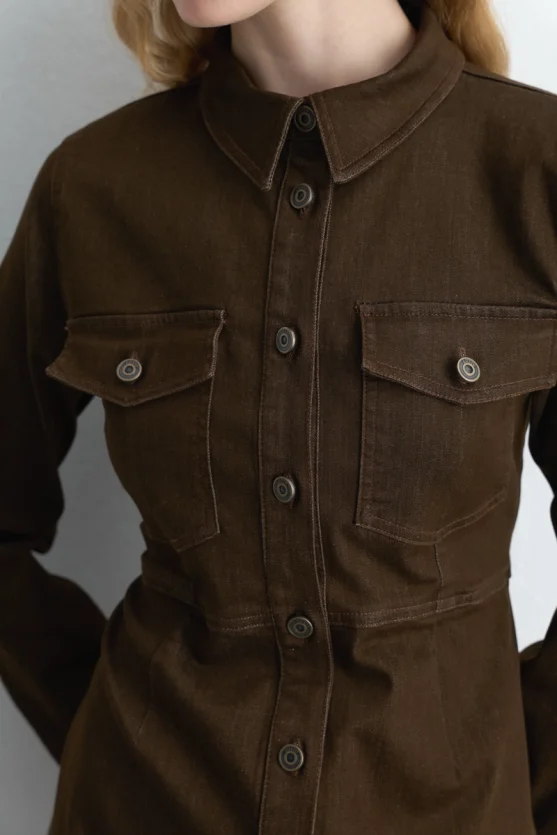 Cotton Denim Dress - Brown - 3