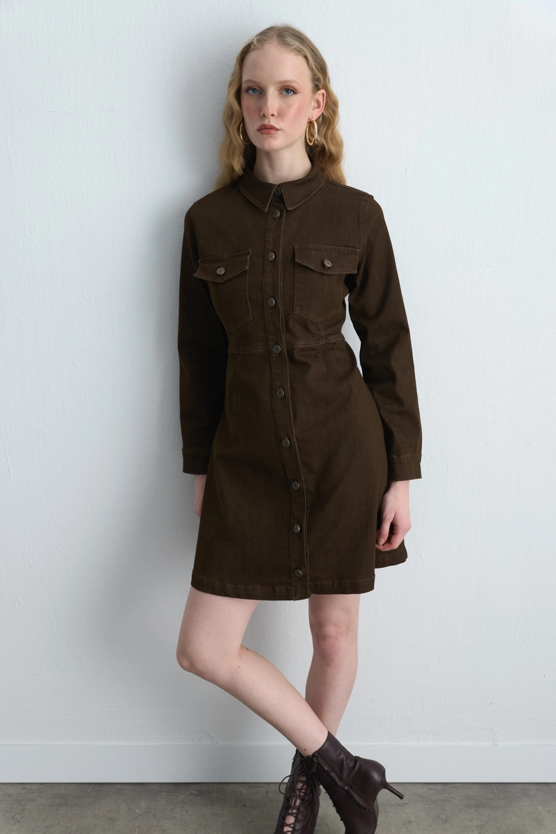 Cotton Denim Dress - Brown - Gusto
