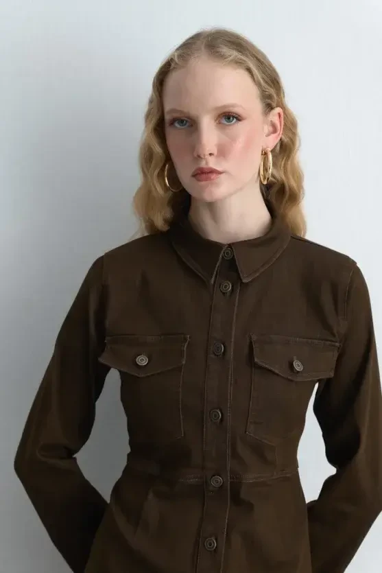 Cotton Denim Dress - Brown - 4