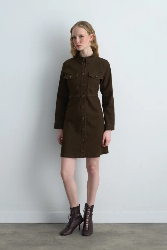 Cotton Denim Dress Brown - 2