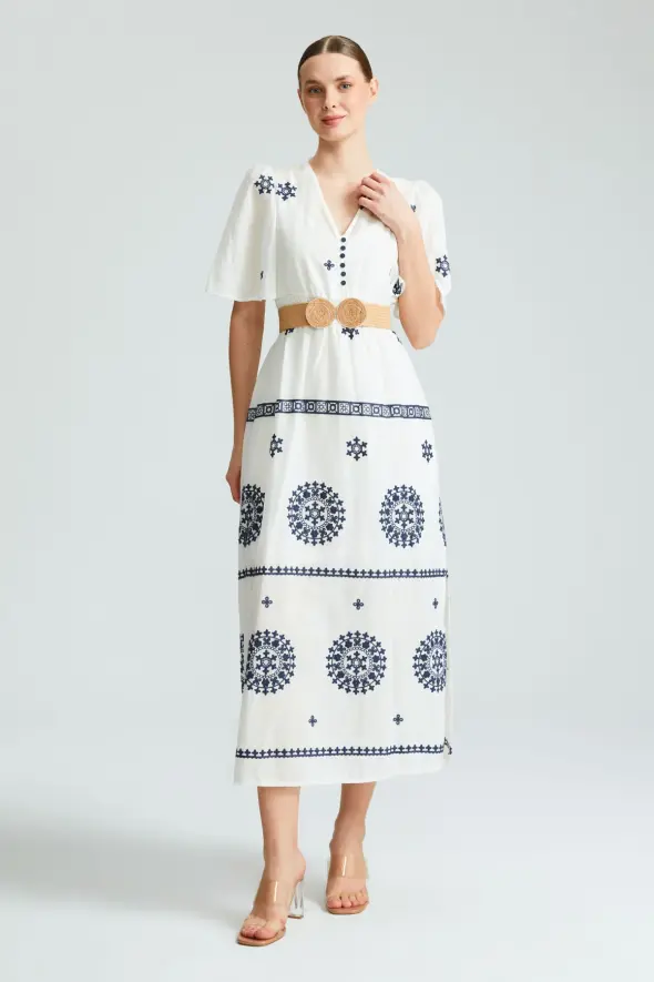 Cotton Embroidered Long Dress - Blue - 2