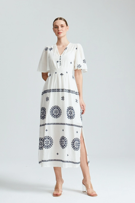 Cotton Embroidered Long Dress - Blue Blue