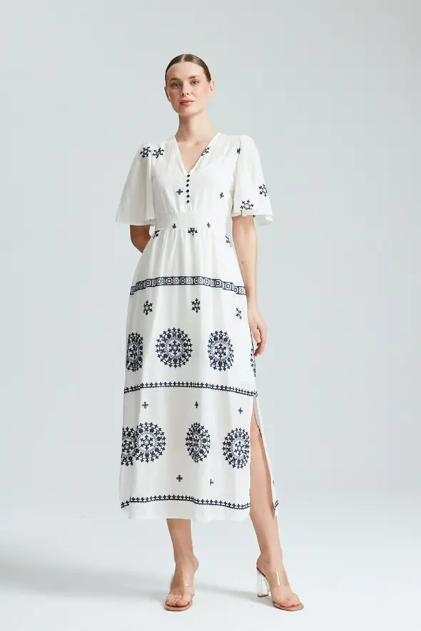 Cotton Embroidered Long Dress - Blue - 1