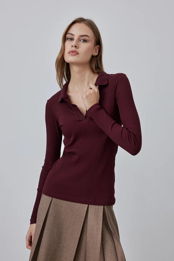 Cotton Knitted Blouse with Collar - Maroon - 1