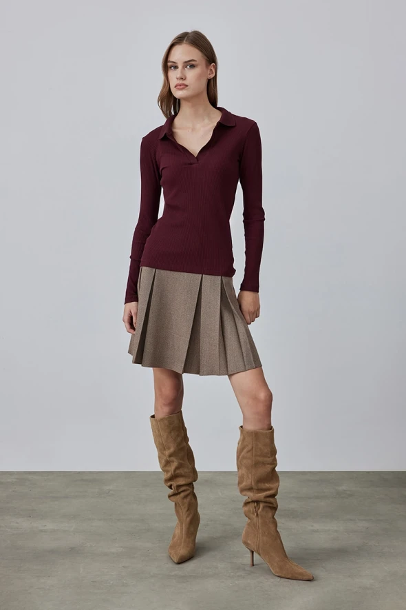 Cotton Knitted Blouse with Collar - Maroon - 2