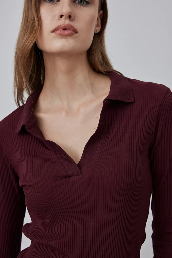 Cotton Knitted Blouse with Collar - Maroon - 3