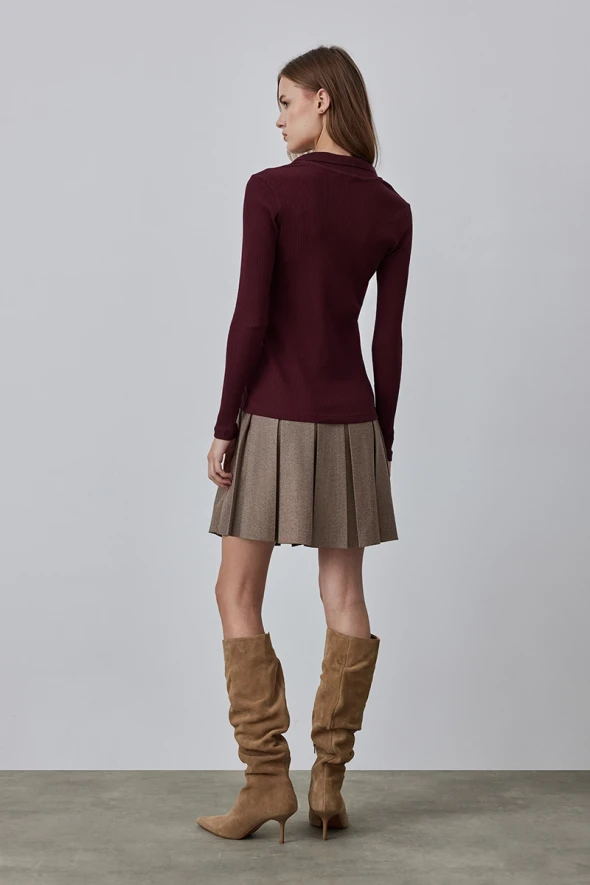 Cotton Knitted Blouse with Collar - Maroon - 4