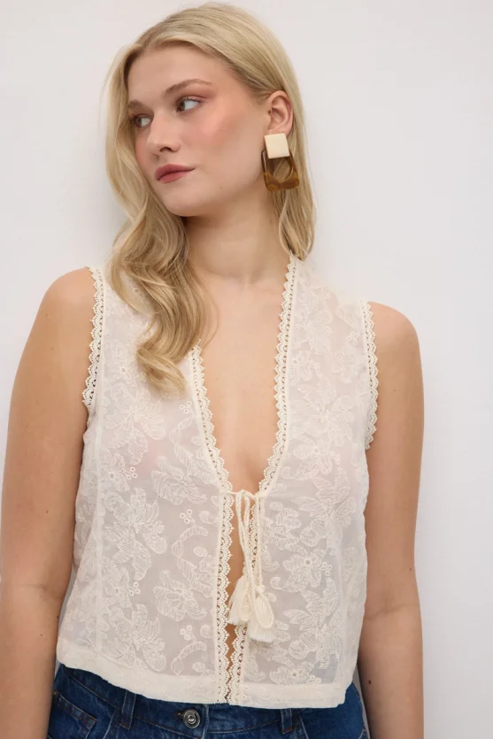 Cotton Lace Broderie Vest - Ecru - 1