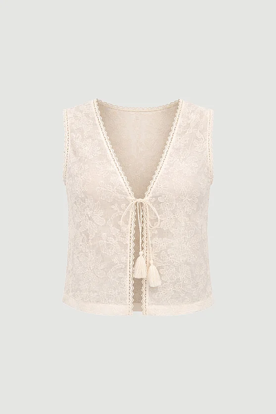 Cotton Lace Broderie Vest - Ecru - Gusto
