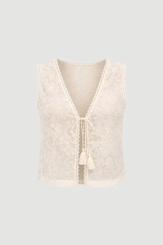 Cotton Lace Broderie Vest - Ecru - Gusto