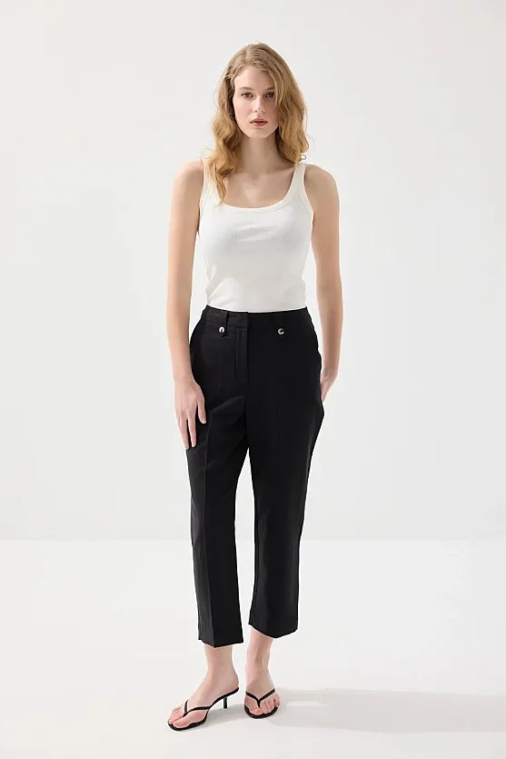 Cotton Linen Carrot Fit Pants - Black - 3