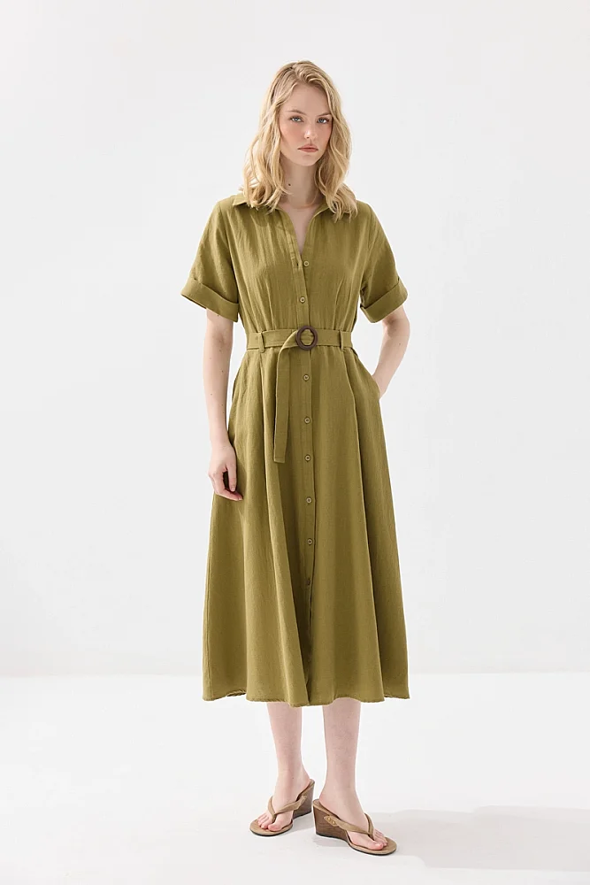 Cotton Linen Long Shirt Dress - Khaki Khaki