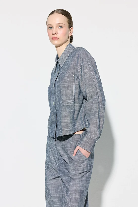 Cotton Linen Shirt with Pockets - Navy Blue - 6
