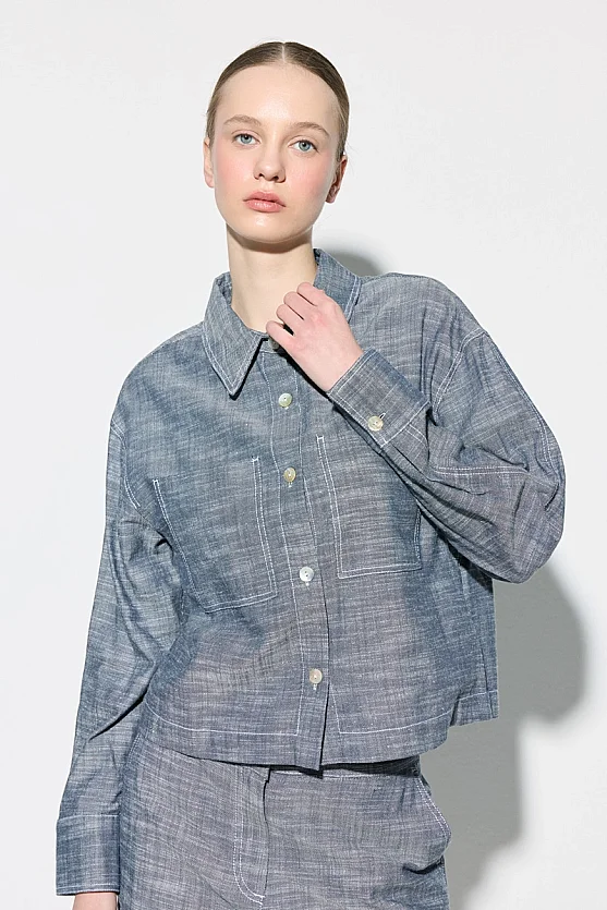 Cotton Linen Shirt with Pockets - Navy Blue - Gusto