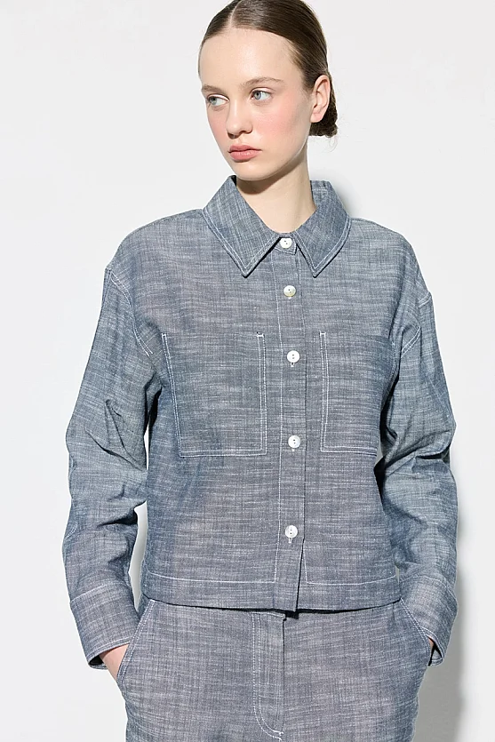 Cotton Linen Shirt with Pockets - Navy Blue - 5