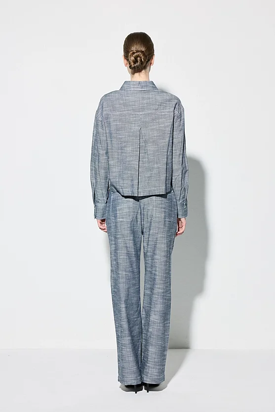 Cotton Linen Shirt with Pockets - Navy Blue - 8