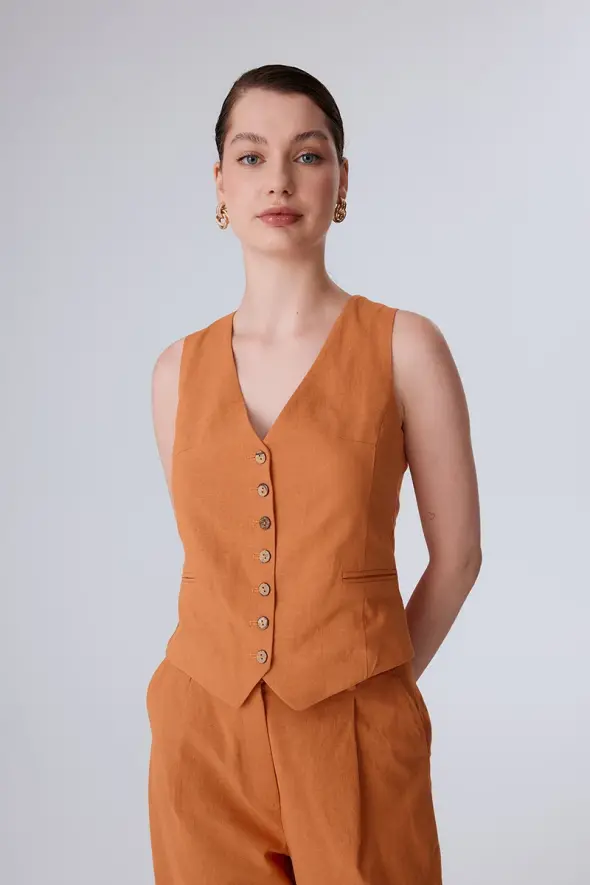 Cotton Linen Vest - Orange - 1