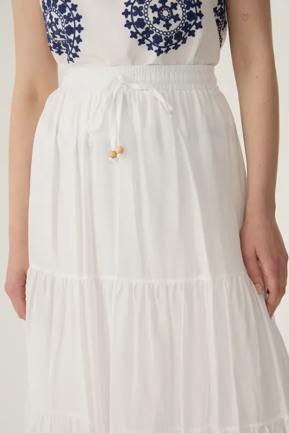 Cotton Long Layered Skirt with Elastic Waist - White - 4