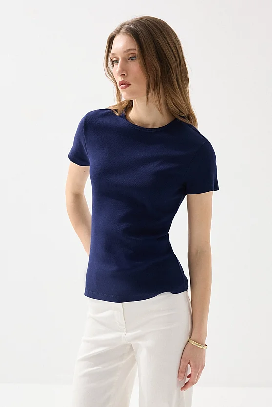 Cotton Lycra Crew Neck T-Shirt - Navy Blue - 1