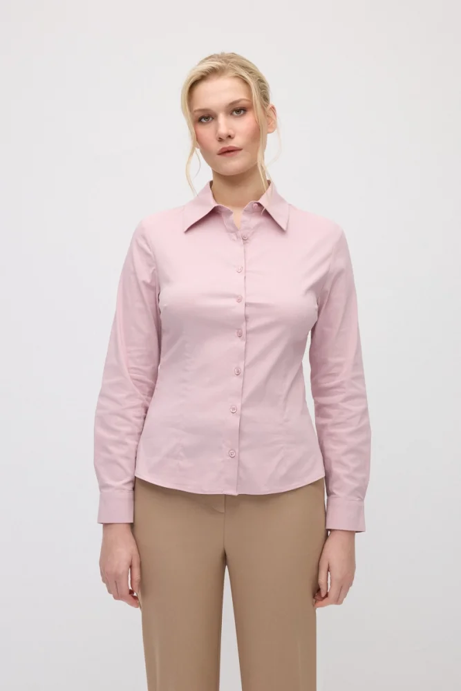 Cotton Lycra Cuff Embroidered Shirt - Pink