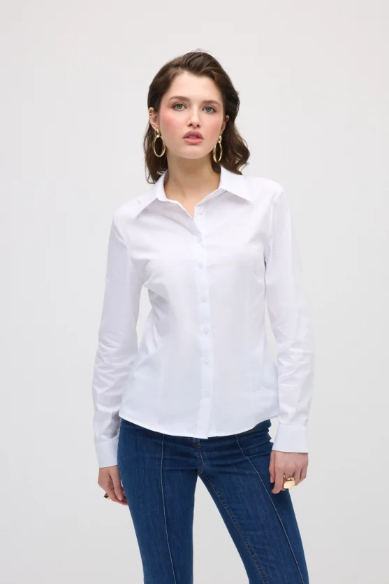 Cotton Lycra Cuff Embroidered Shirt - White - 1