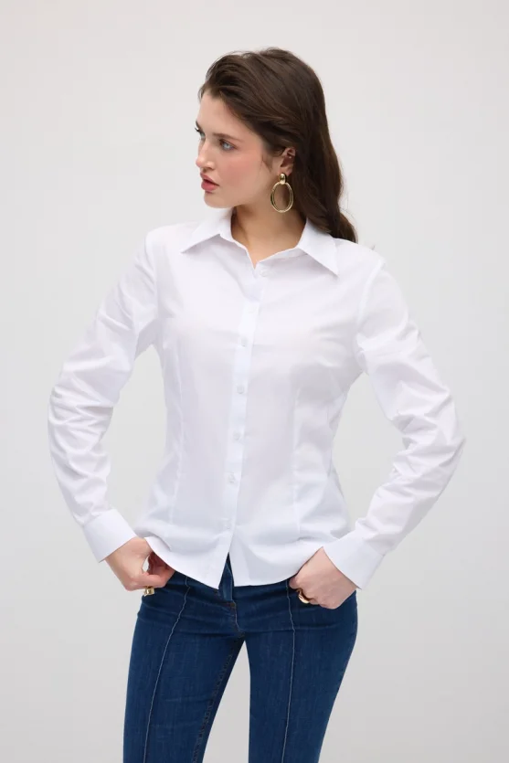 Cotton Lycra Cuff Embroidered Shirt - White - 5