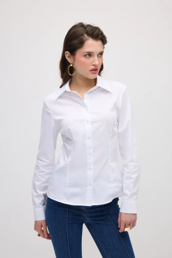 Cotton Lycra Cuff Embroidered Shirt - White - Gusto