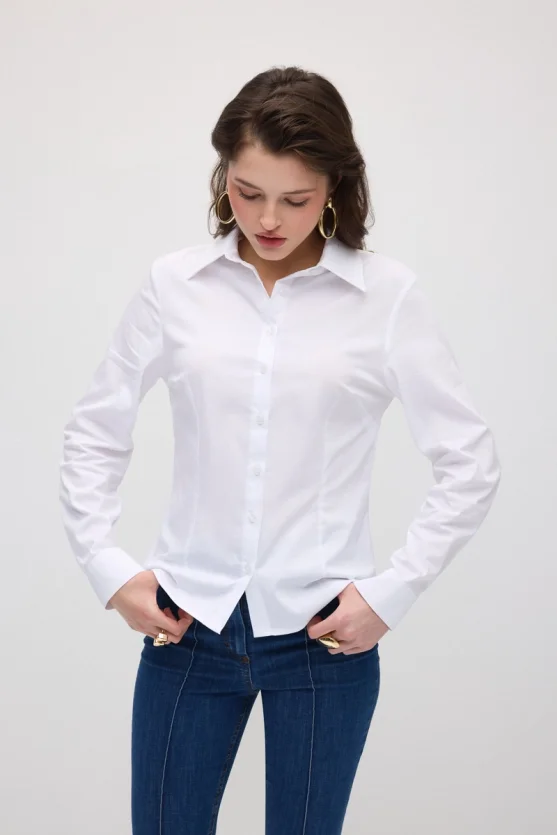 Cotton Lycra Cuff Embroidered Shirt - White - 4