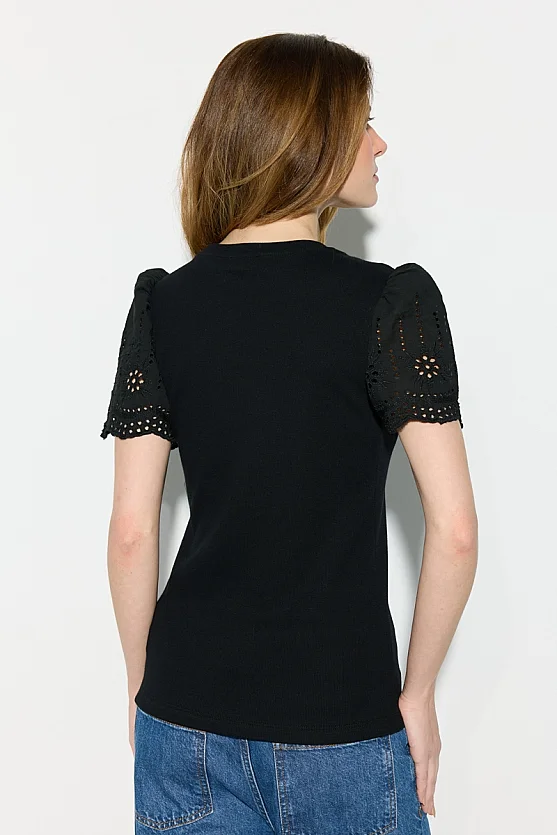 Cotton Ribbed Blouse with Broderie Detail - Black - Gusto