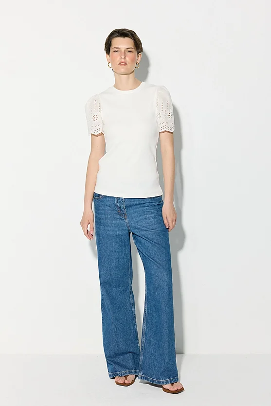 Cotton Ribbed Blouse with Broderie Detail - White - 1