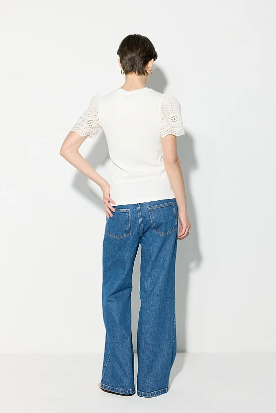 Cotton Ribbed Blouse with Broderie Detail - White - Gusto