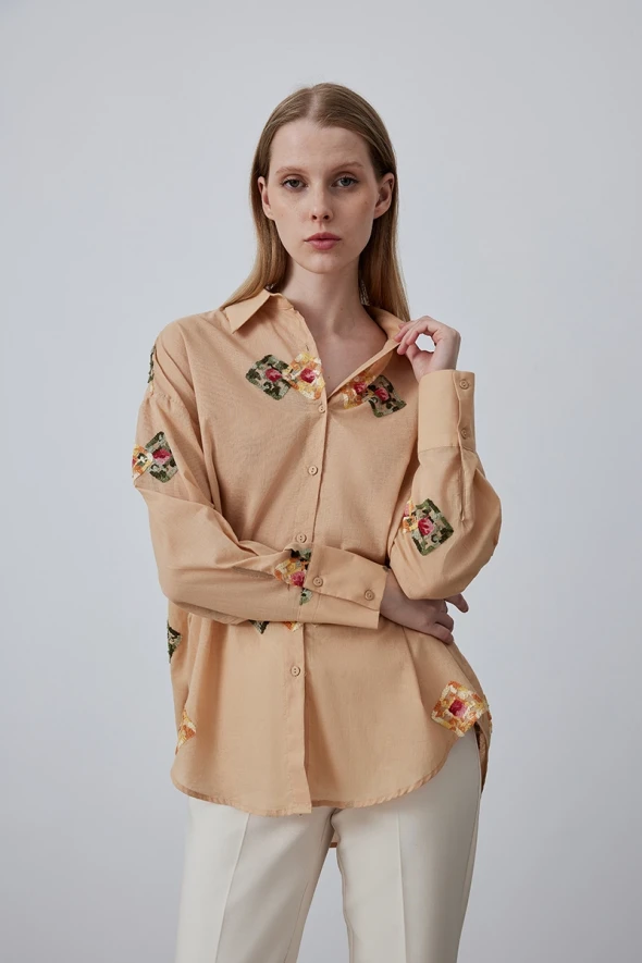 Cotton Shirt with Embroidery - Beige - 1