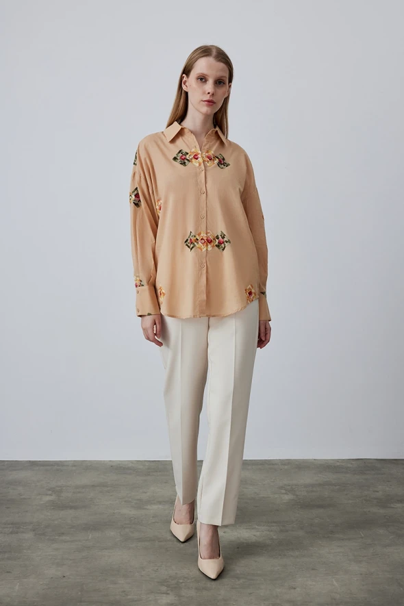 Cotton Shirt with Embroidery - Beige - 2