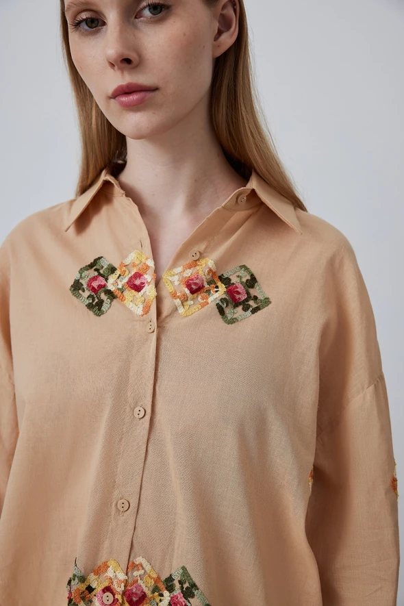 Cotton Shirt with Embroidery - Beige - 3