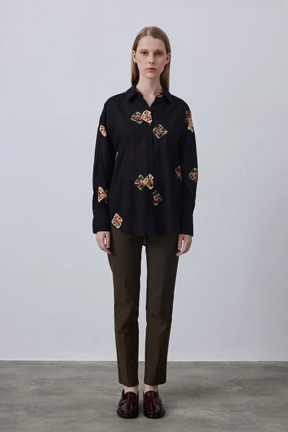 Cotton Shirt with Embroidery - Black - 1